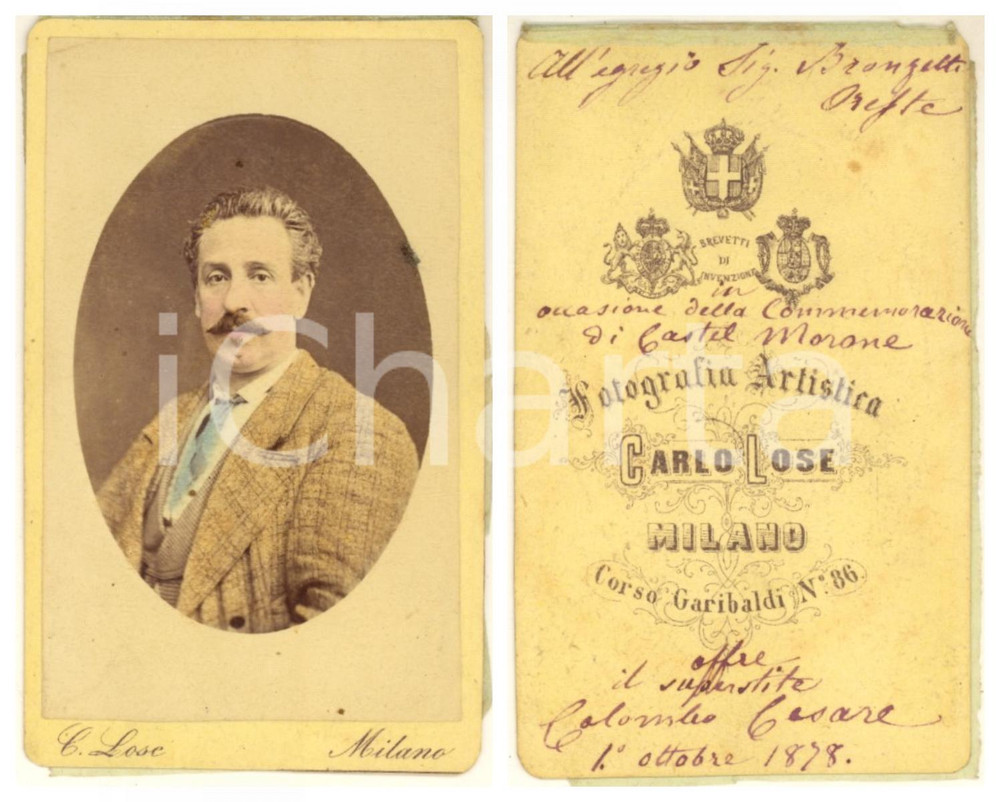 1878 RISORGIMENTO Cesare COLOMBO ufficiale garibaldino *Foto con AUTOGRAFO CDV Fotografia originale d'epoca, su cartoncino morbido, che ritrae il garibaldino Cesare Colombo, ufficiale dei Cacciatori delle Alpi. e amico dei fratelli Bronzetti.La dedica al verso è per l'amico garibaldino Oreste Bronzetti, in occasione della commemorazione di Castel Morrone (1860). Durante la battaglia era caduto Pilade Bronzetti, fratello di Oreste.Velina protettiva.FOTOGRAFO: Carlo Lose - Milano GOOD/buono  Formato: 6x10 cm originale e autentica 1