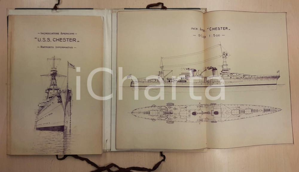 1930 NAPOLI Visita alla nave americana U.S.S. CHESTER *Relazione + tavole RARO Cartella originale d'epoca, contenente il rapporto informativo dattiloscritto relativo alla visita all'incrociatore USS Chester, eseguita il 5 settembre 1930 da un gruppo di ufficiali italiani. Il rapporto è redatto da Odoardo Giannelli, colonnello del Genio Navale, che descrive la nave dal punto di vista tecnico e delle sue dotazioni.Contiene una tavola illustrata dell'apparato motore e una ripiegata della nave in scala 1 : 500, della quale sono presenti 6 copie all'interno della cartella.PAGINE: 60 + tavole GOOD/buono  Formato: 22x32 cm originale e autentica 1