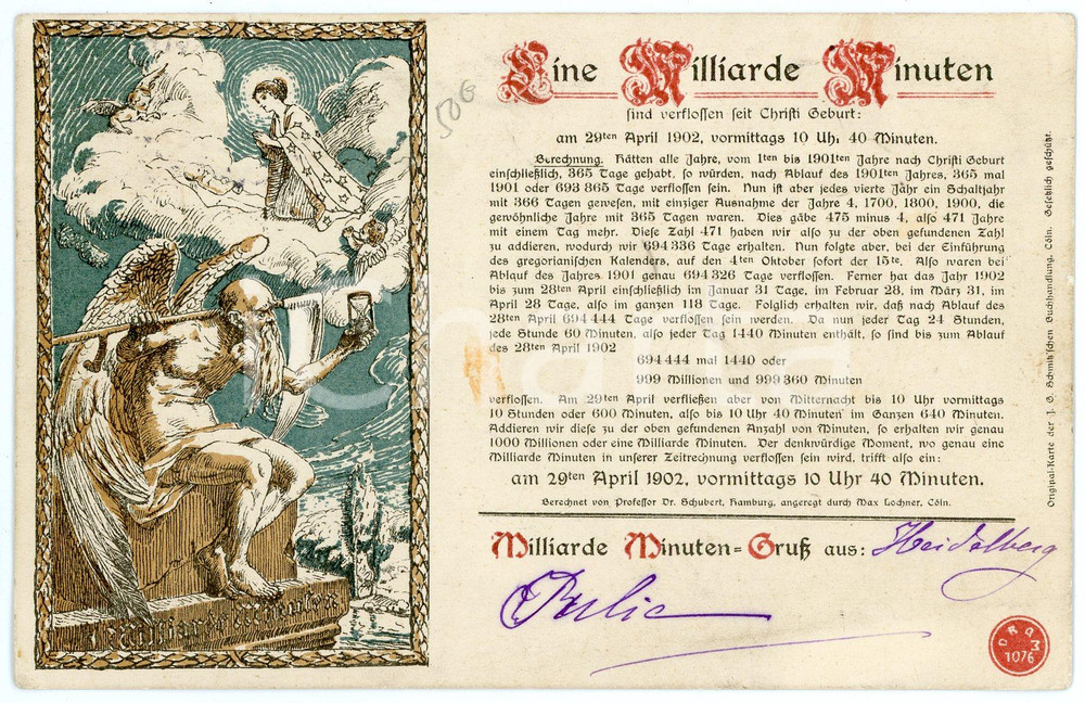 1902 GERMANY Eine Milliarde Minuten - Christi Geburt ^ILLUSTRATED Postcard  Cartolina postale d'epoca, viaggiata.CONDIZIONI: G (minima macchia centrale)FORMATO: FP    originale e autentica 1