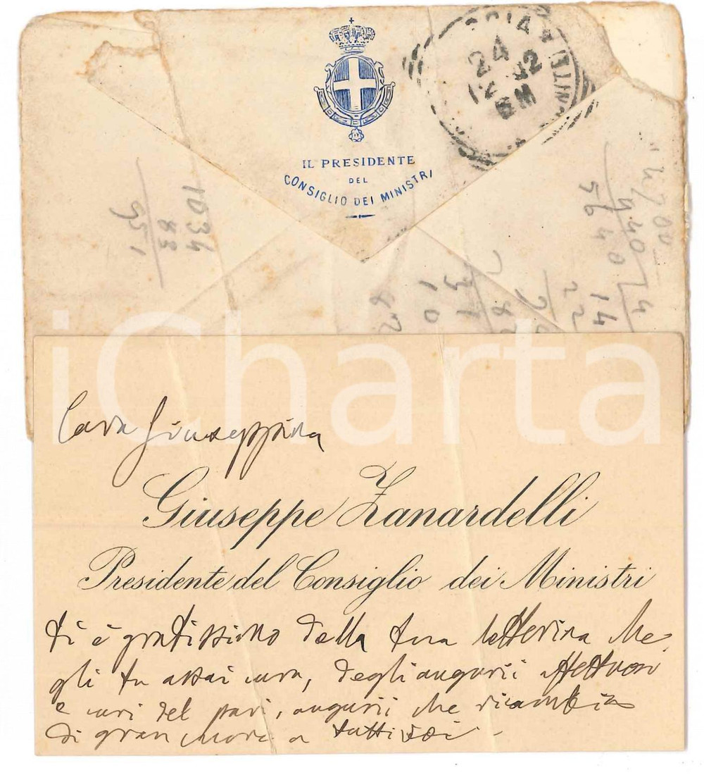 1902 Giuseppe ZANARDELLI Presidente del Consiglio *AUTOGRAFO DANNEGGIATO Biglietto da visita originale, autografo di Giuseppe Zanardelli, con busta viaggiata e intestata. VERY POOR/gravemente danneggiato piegature evidenti Formato: 11x7 cm originale e autentica 1