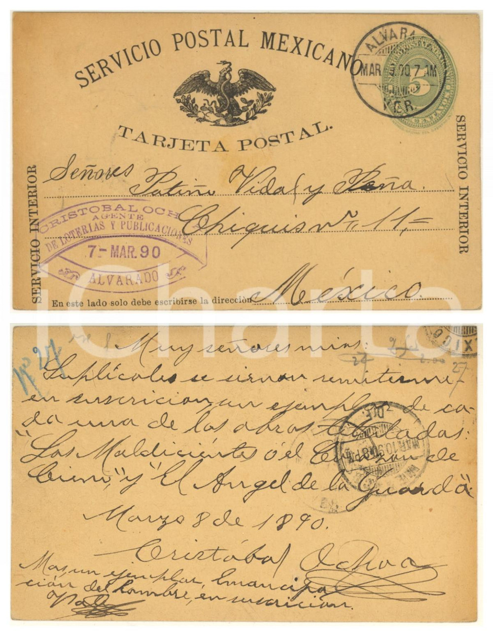 1890 ALVARADO (MEXICO) Cristobal OCHOA Agente loterias - Tarjeta postal Cartolina postale autografa, originale d'epoca, viaggiata.Timbro di Cristobal Ochoa al recto. GOOD/buono  Formato: 14x9 cm originale e autentica 1
