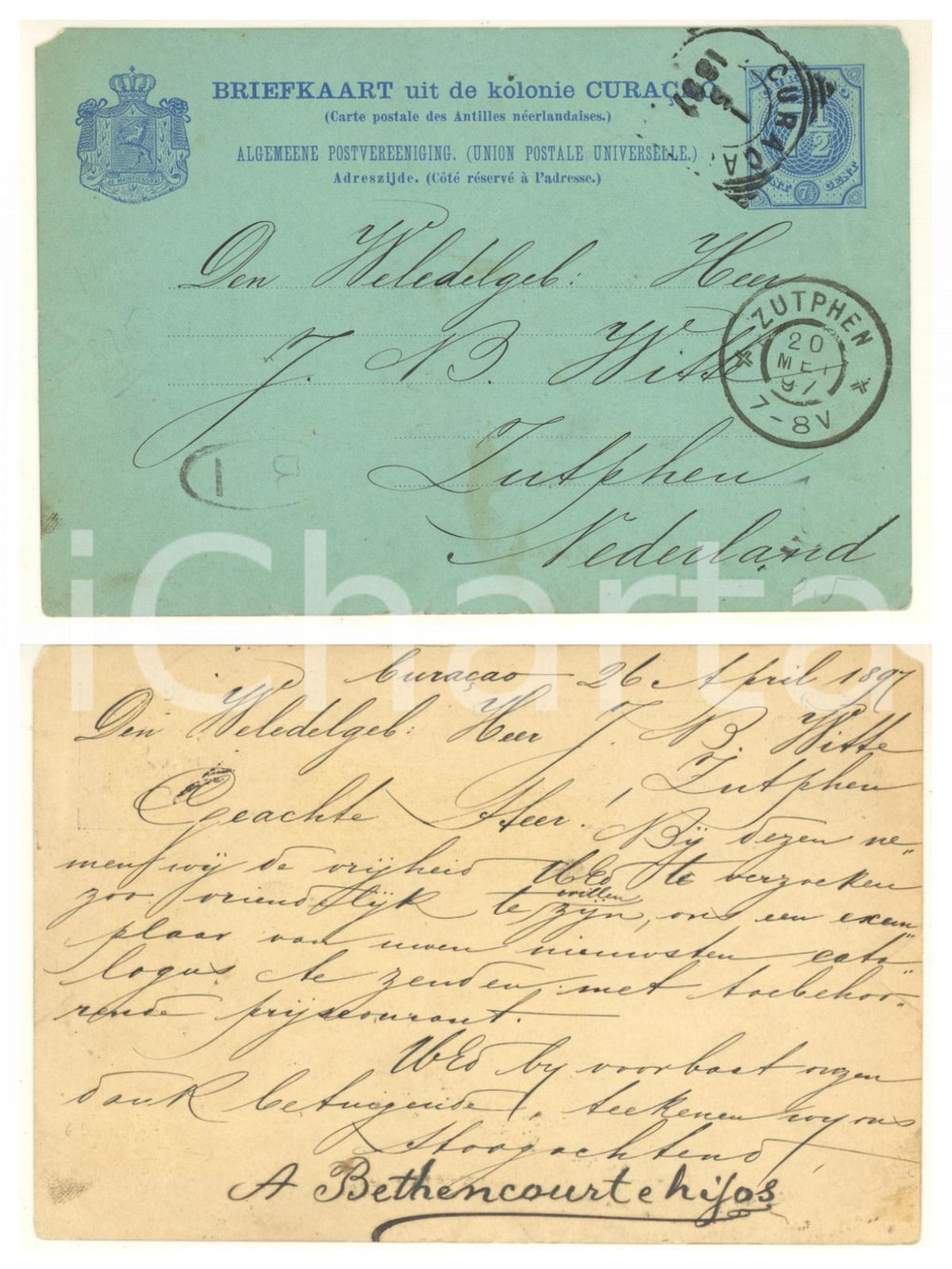 1897 CURAÇAO (Antille Olandesi) Cartolina A. BETHENCOURT E HIJOS editori Cartolina postale originale d'epoca, inviata dalla casa editrice, viaggiata.Timbro di Cristobal Ochoa al recto. POOR/danneggiato minima mancanza angolare; piegatura marginale Formato: 14x9 cm originale e autentica 1