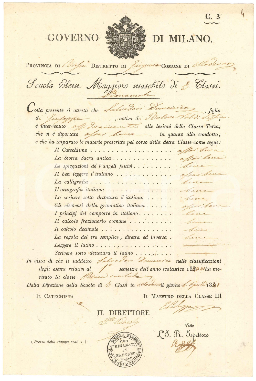 Oggetto da collezione cartaceo 1841 TOSCOLANO MADERNO Scuola Elementare BENAMATI  Pagella Domenico SALVADORI 1