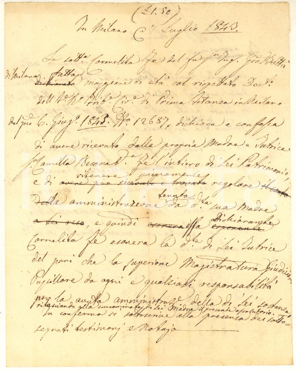 Oggetto da collezione cartaceo 1843 MILANO Carmelita FE  maggiorenne riceve i beni dalla madre Documento 1