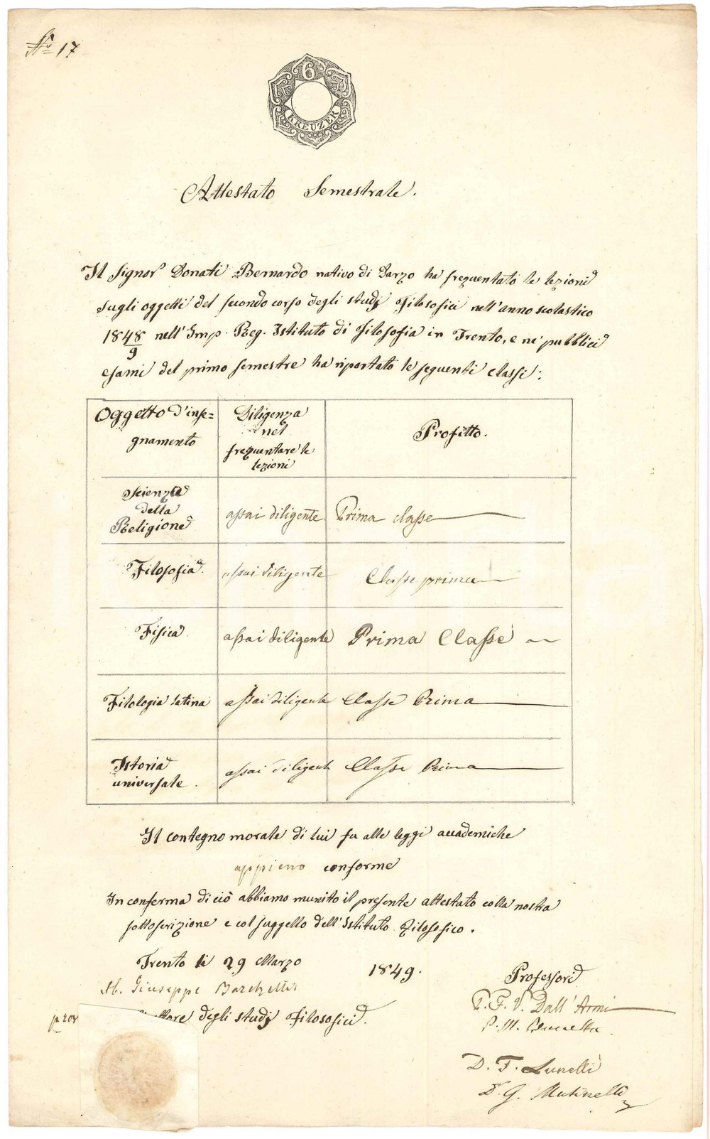 1849 TRENTO Imp. Reg. istituto di Filosofia - Attestato Bernardo DONATI Attestato semestrale, originale d'epoca, rilasciato a Bernardo Donati per le discipline indicate.Sigillo su carta apposto al margine inferiore. FAIR/discreto piegature d'epoca Formato: 21x34 cm originale e autentica 1
