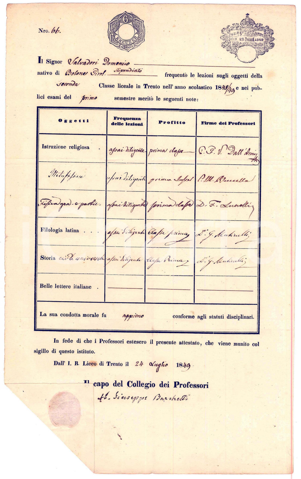 1849 TRENTO Imperial Liceo - Attestato Domenico SALVADORI esami 1° semestre Attestato scolastico, originale d'epoca, con firma autografa al lato inferiore del capo del Collegio dei Professori (abate Giuseppe Barchetti).Sigillo su carta apposto al margine inferiore. FAIR/discreto piegature d'epoca Formato: 21x34 cm originale e autentica 1