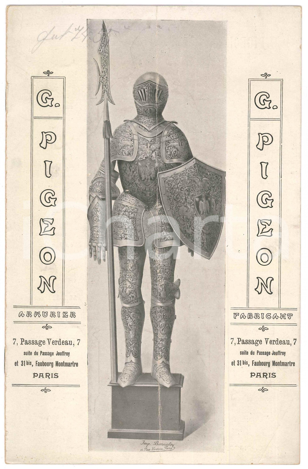 1915 ca PARIS G. PIGEON Armurier fabricant - Catalogue ILLUSTRE' RARE Catalogo pubblicitario, originale d'epoca, illustrato b/n.PAGINE: 8 POOR/danneggiato profonda piegatura verticale d'epoca Formato: 16x25 cm originale e autentica 1