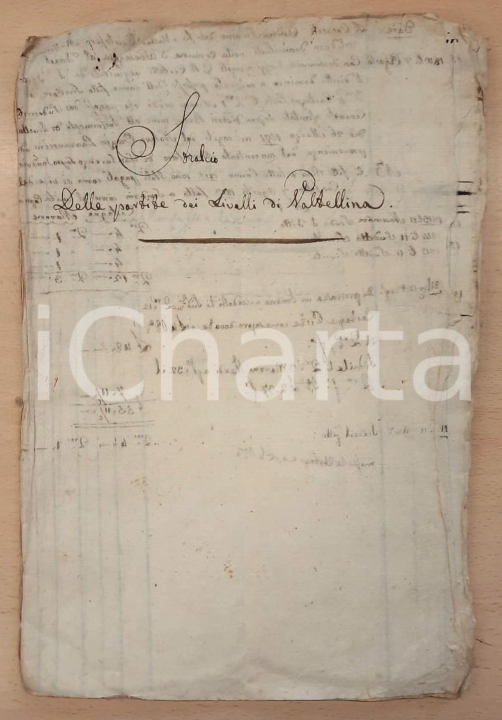 1810-1817 VALTELLINA Stralcio delle partite dei livelli - Manoscritto 18 pp. Documento manoscritto, originale d'epoca, relativo all'amministrazione di livelli situati nel territorio della Valtellina, con le partite di dare e avere. Sono citati i comuni di Albosaggia, Sondrio e la frazione Triangia.La contabilità è compresa tra il 1810 e il 1817, e sono indicati prodotti agricoli (frumento, segale, castagne, ecc.) che venivano prodotti nei territori in oggetto.PAGINE: 18 (7 bianche) POOR/danneggiato piegature d'epoca, con piccoli strappi; gualciture Formato: 23x34 cm originale e autentica 1