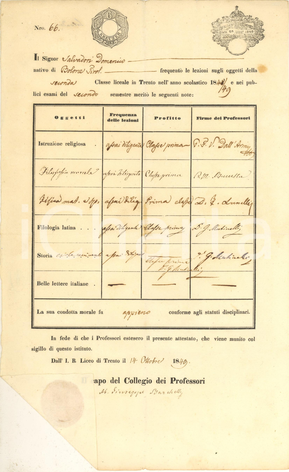 1849 TRENTO Imperial Liceo - Attestato Domenico SALVADORI esami 2° semestre Attestato scolastico, originale d'epoca, con firma autografa al lato inferiore del capo del Collegio dei Professori (abate Giuseppe Barchetti).Sigillo su carta apposto al margine inferiore. FAIR/discreto piegature d'epoca; lievi macchie Formato: 21x34 cm originale e autentica 1