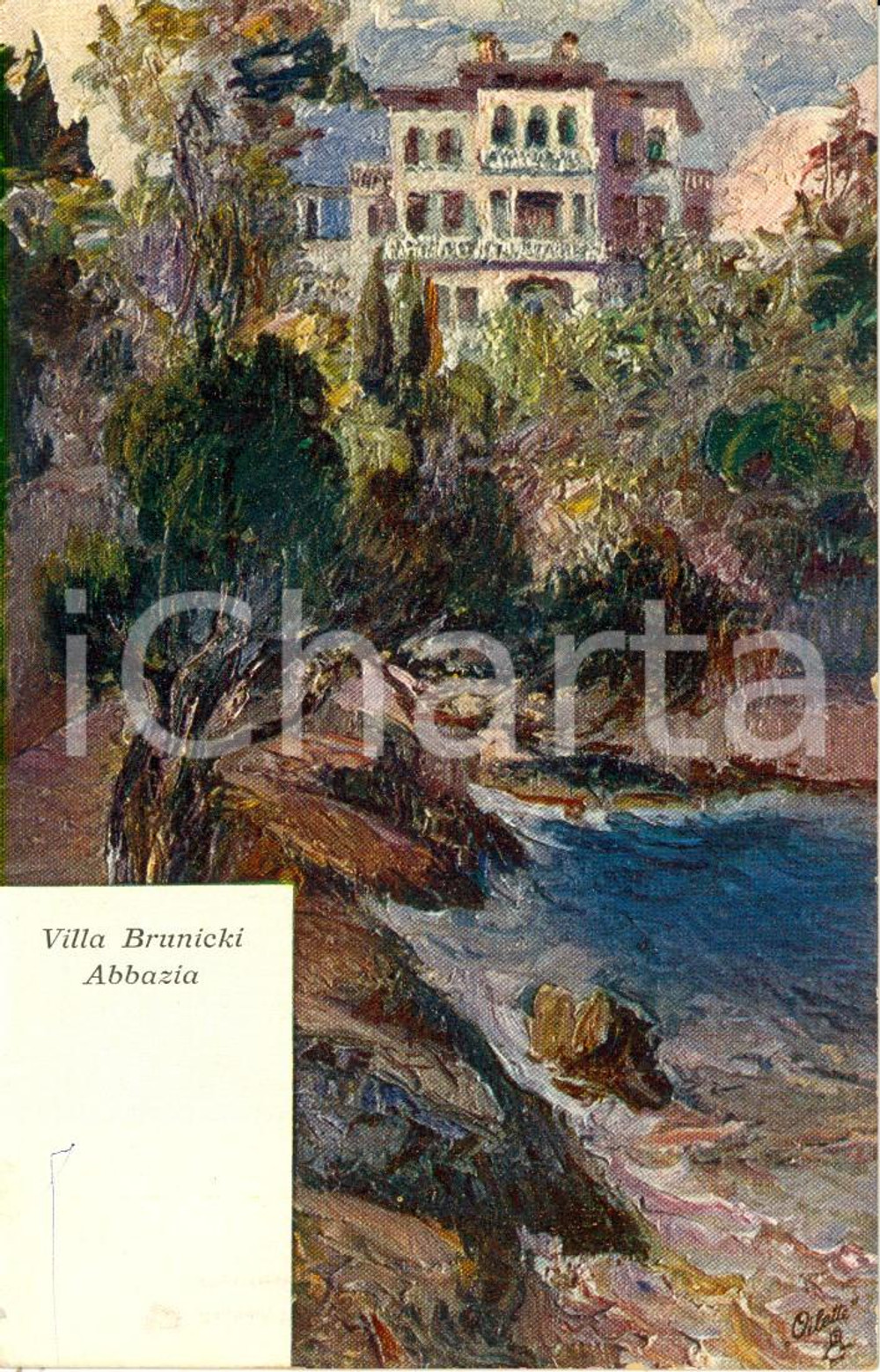 Cartolina originale da collezione 1910 ca ABBAZIA / OPATIJA CROAZIA Veduta di villa BRUNICKI ILLUSTRATA 2 1