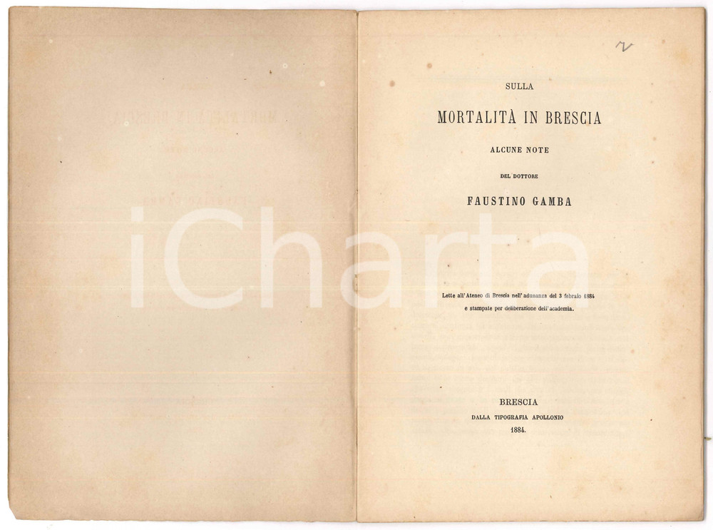 1884 Faustino GAMBA Sulla mortalità in Brescia - Tip. Apollonio Pubblicazione d'epoca.EDITORE: Tipografia Apollonio - BresciaPAGINE: 39 FAIR/discreto Bruniture diffuse alle pagine Formato: 15x22 cm originale e autentica 1