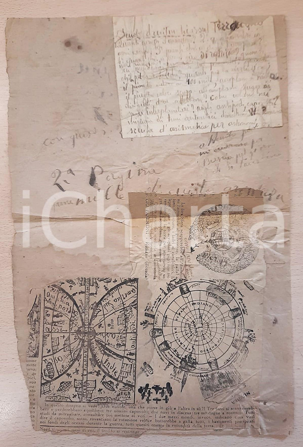 1920 ca Giovanni PANERONI "Scuola di Astronomia contro Galilei" *AUTOGRAFO Raro manifestino originale d'epoca, realizzato in forma di collage fronte/retro con due ritagli a stampa e due ritagli manoscritti e autografi di Giovanni Paneroni.Paneroni divenne celebre tra le due guerre mondiali per le sue teorie terrapiattiste, che sosteneva attraverso volantini, conferenze e performance.Gli autografi contengono appunti sparsi di Paneroni, che inneggia a se stesso e alla sua attività e pubblicizza le sue opere:"Scuola di Astronomia creata dal strapremiato PANERONI - questa scuola è avversaria all'antiquata Galilei...questo profondo studio non è pane per ottusi". POOR/danneggiato piegature d'epoca; gualciture Formato: 24x38 cm originale e autentica 1