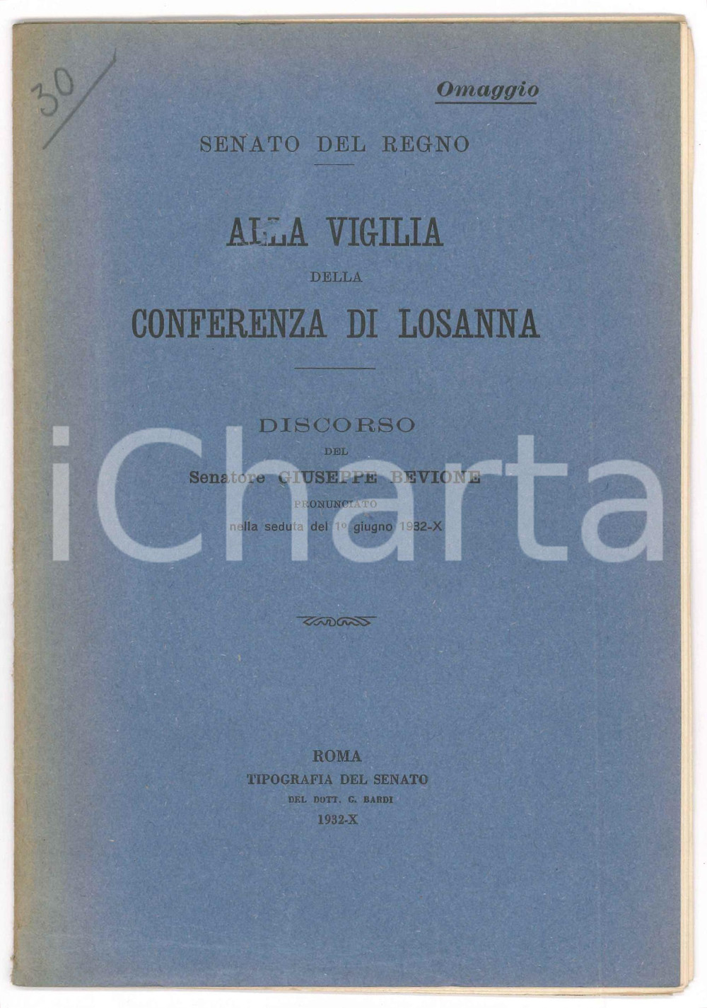 1932 Giuseppe BEVIONE Alla vigilia della conferenza di Losanna - Tip. del Senato Pubblicazione d'epoca.TITOLO: La disoccupazione operaia - Una migliore distribuzione della popolazione, della terra e dei capitaliEDITORE: Stabilimento tipografico Ditta Carlo Colombo - RomaPAGINE: 28 FAIR/discreto Lievi aloni e piccola abrasione in copertina Formato: 15x21cm originale e autentica 1