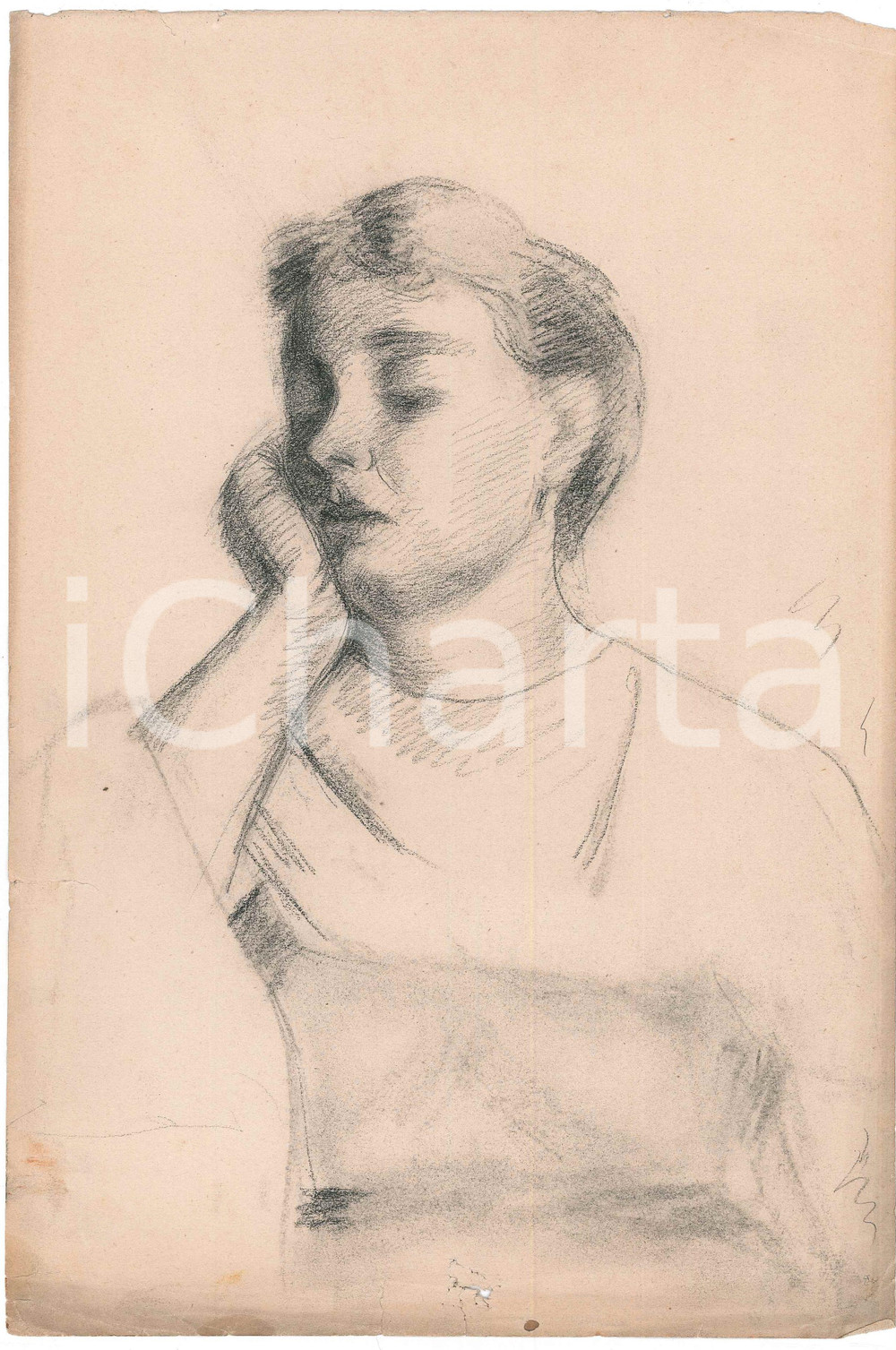 1900 ca Pietro MORELLI (PRALBOINO) Giovane donna *Disegno a matita UNSIGNED Disegno originale, realizzato a matita su carta dall'avvocato-pittore Pietro Morelli di Pralboino (BS), non firmato. FAIR/discreto lievi gualciture e minimi strappi marginali Formato: 21x31 cm originale e autentica 1