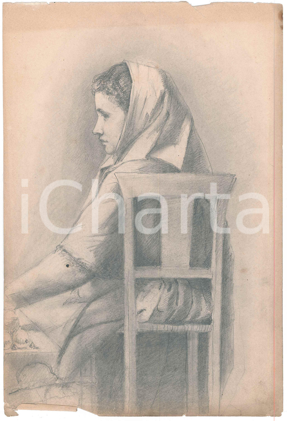 1900 ca Pietro MORELLI (PRALBOINO) Donna seduta *Disegno a matita UNSIGNED Disegno originale, realizzato a matita su carta dall'avvocato-pittore Pietro Morelli di Pralboino (BS), non firmato. POOR/danneggiato lievi gualciture e strappi marginali Formato: 21x31 cm originale e autentica 1