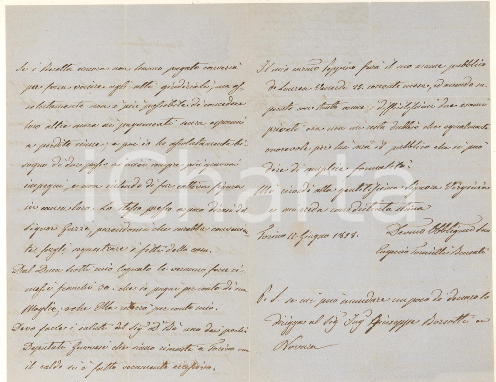 1858 TORINO On. Eugenio TORNIELLI BRUSATI - Fittavoli insolventi *AUTOGRAFO Lettera interamente autografa dell'on. Eugenio Tornielli Brusati, che chiede un prestito perché i suoi fittavoli non avevano potuto pagare il dovuto, "colpiti da recenti sciagure"PAGINE: 4 (1 bianca) FAIR/discreto piegature d'epoca Formato: 14x21 cm originale e autentica 1