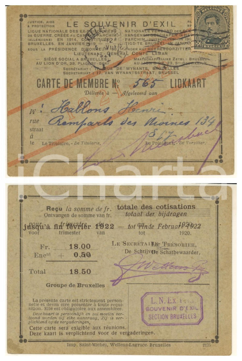 1922 BRUXELLES - Le Souvenir d'Exil (Ex prisonniers de guerre) - Carte de membre Tessera originale d'epoca. FAIR/discreto lievi piegature angolari e marginali Formato: 12x9 cm originale e autentica 1