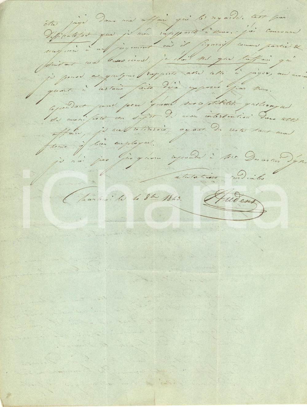 1843 CHARLEROI Lettera avvocato Albert Joseph AUDENT al cugino *Autografo Lettera prefilatelica, originale d'epoca, inviata da Albert Joseph Audent (avvocato e cavaliere dell'Ordine di Leopoldo) al cugino De Haussy che viveva a Fontaine-L'Evêque (luogo natale), relativa ad affari di famiglia.Prefilatelica viaggiata con timbro circolare di Fontaine-l'Évêque.PAGINE: 4 (2 scritte) FAIR/discreto lievi piegature e piccoli strappi marginali  originale e autentica 1