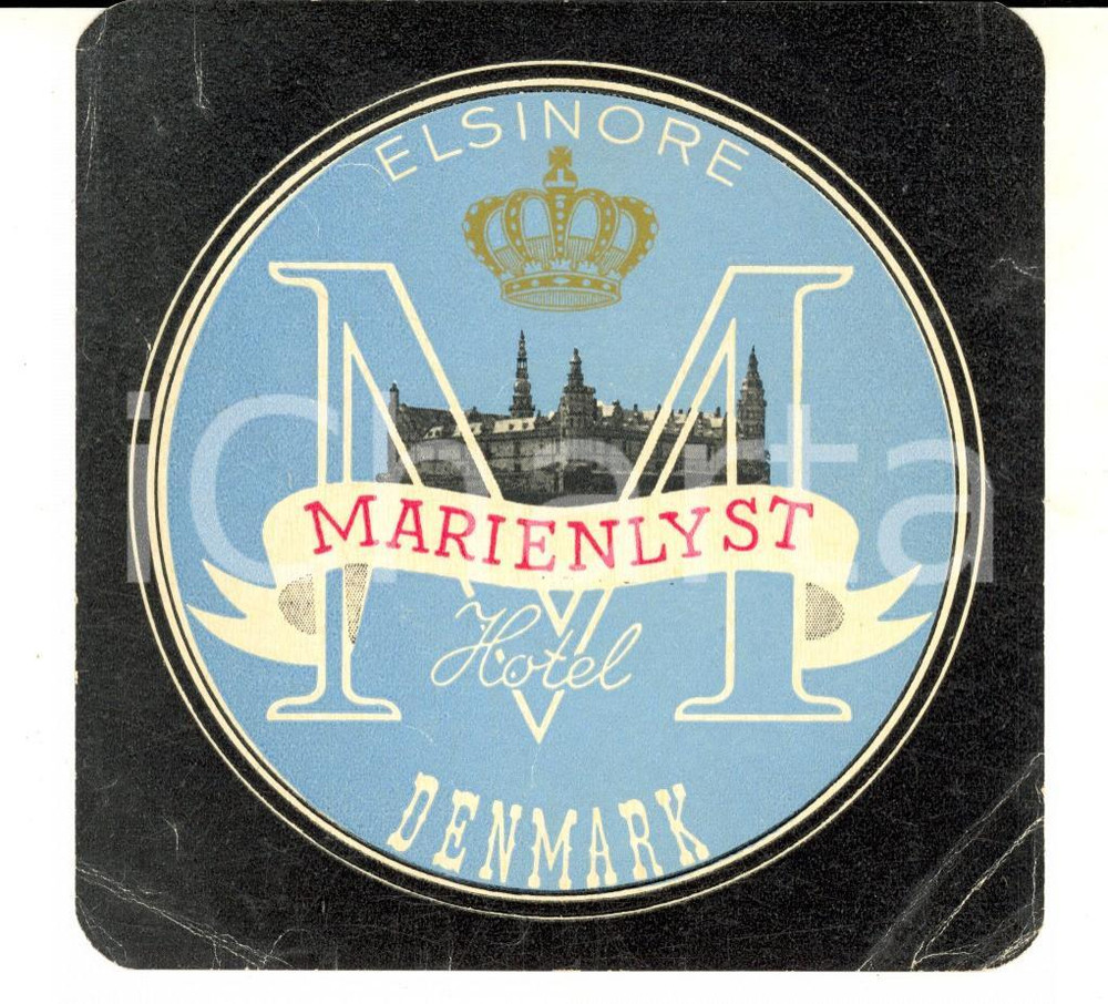 Materiale pubblicitario d’epoca 1950 ca HELSINGOR DENMARK Marienlyst Hotel Etichetta pubblicitaria 12x12 1 1
