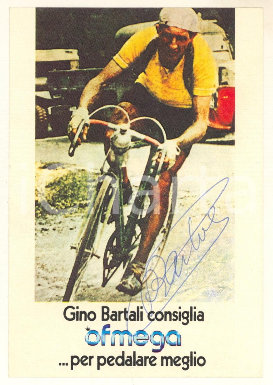 1980 ca SAREZZO (BS) Biciclette OFMEGA - Cartolina Gino BARTALI autografo Cartolina pubblicitaria originale, con firma autografa di Gino Bartali, all'epoca testimonial della ditta Ofmega. GOOD/buono  Formato: 10x15 cm originale e autentica 1