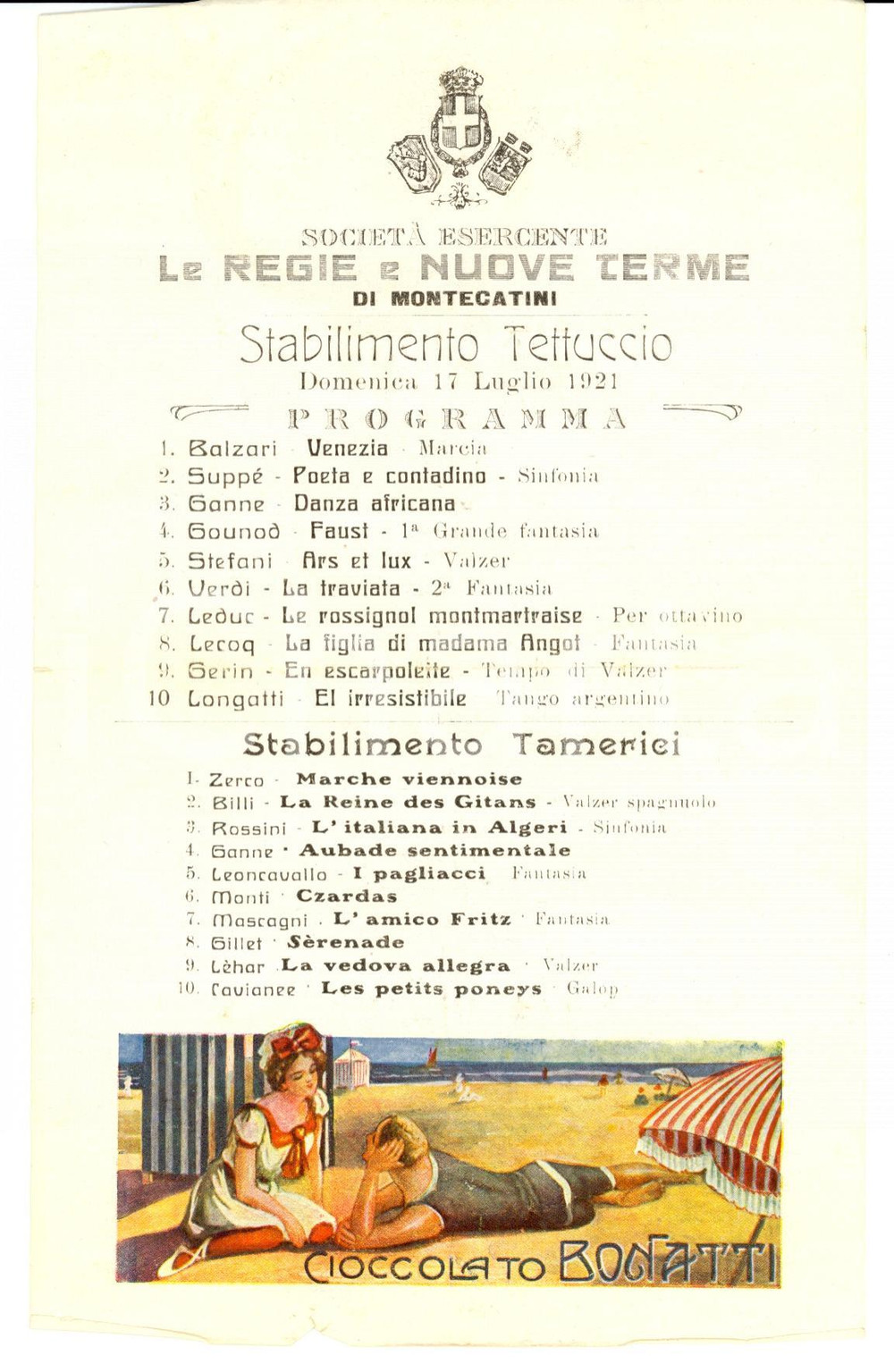 Oggetto da collezione cartaceo 1921 MONTECATINI TERME Stabilimento TETTUCCIO e RINFRESCO Programma 2 1