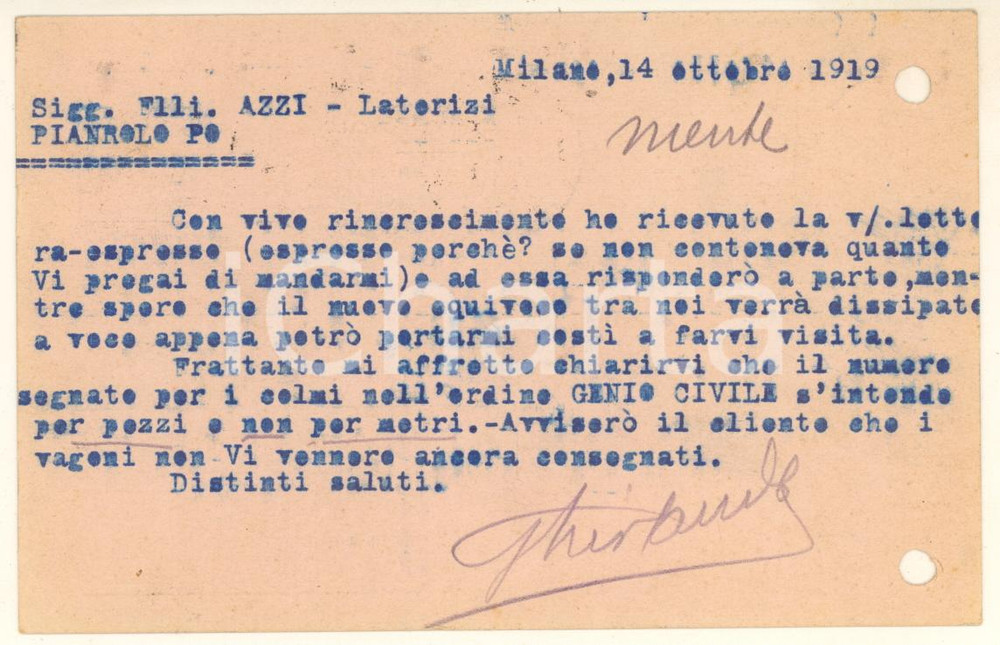 Cartolina originale da collezione 1919 MILANO Ditta Oreste GHIRLANDA a laterizi Fratelli AZZI su equivoco FP VG 1
