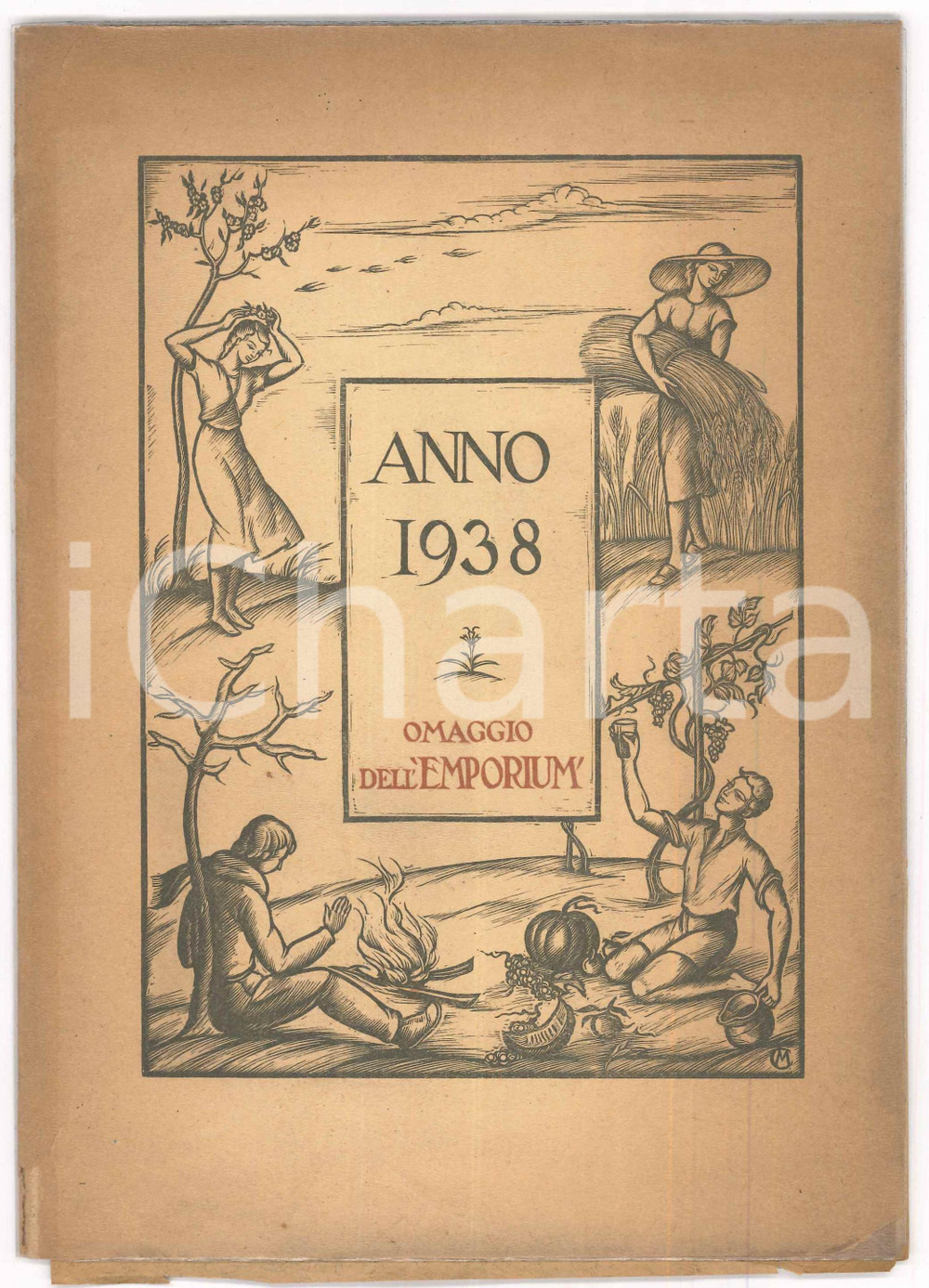 1938 Rivista EMPORIUM - Calendario con xilografie di Maria CICCOTTI *RARO Pubblicazione originale d'epoca, contenente un calendario illustrato con le xilografie di Maria Ciccotti.PAGINE: 16EDITORE: Istituto italiano di Arti Grafiche di Bergamo VERY POOR/gravemente danneggiato pubblicazione distaccata dalla copertina (presente) Formato: 17x24 cm originale e autentica 1