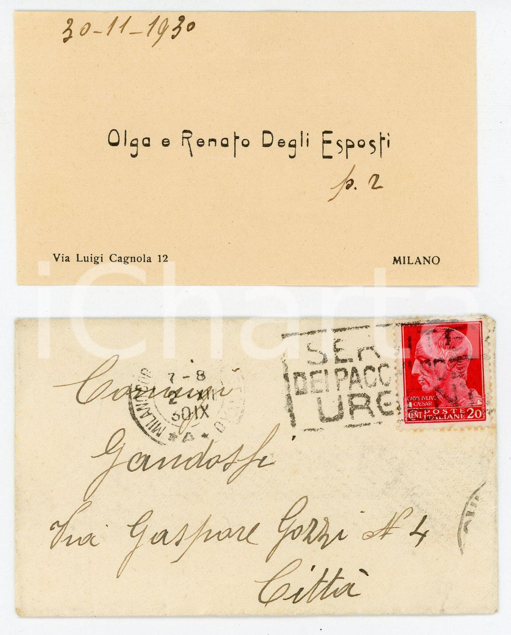1930 MILANO Via Luigi Cagnola 12 Olga e Renato DEGLI ESPOSTI Biglietto da visita Biglietto da visita d'epoca, con busta viaggiata. FAIR/discreto Lievi bruniture Formato: 9x5 cm originale e autentica 1
