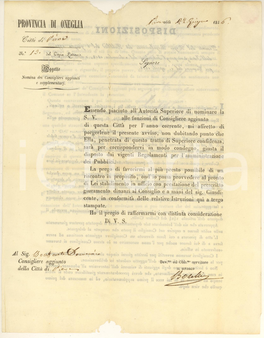 Documento originale, autentico 1846 PIEVE DI TECO Domenico BONFANTE consigliere *Autografo Giovanni BORELLI 1