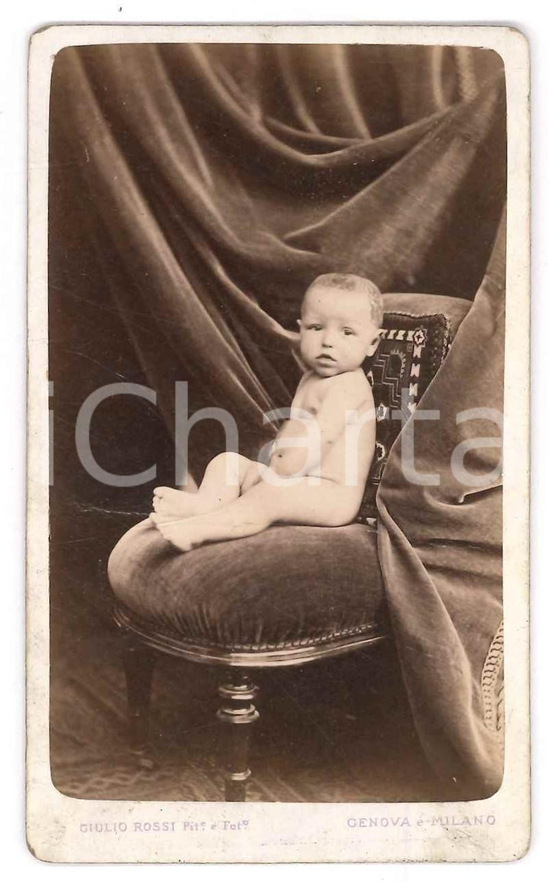 Fotografia d epoca originale 1890 ca GENOVA Ritratto di bambino su poltrona  Foto Giulio ROSSI  CDV 1