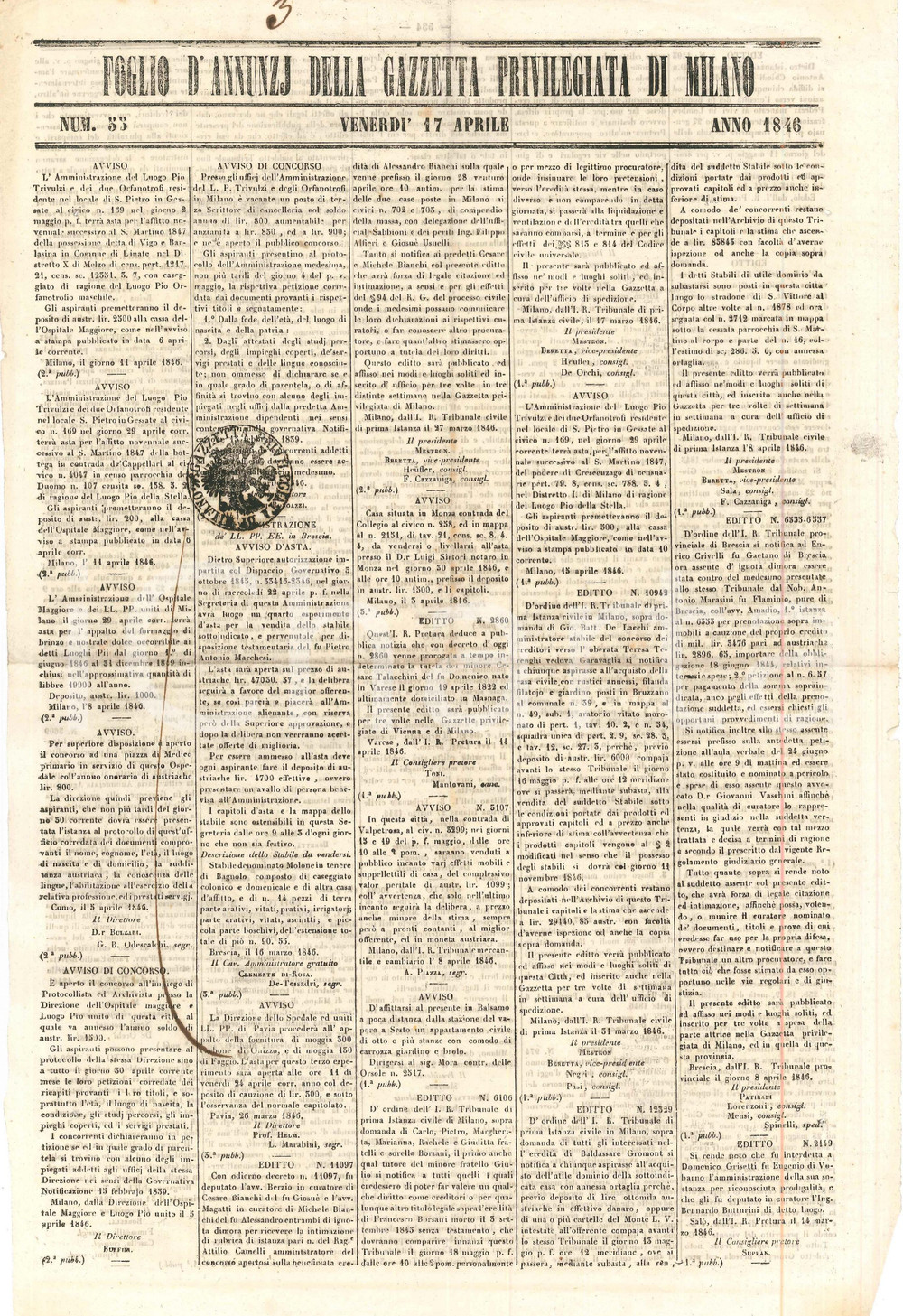 17 Aprile 1846 MILANO Foglio d'annunzj della Gazzetta Privilegiata  - n° 33 Antico giornale di annunci, originale d'epoca.PAGINE: 1 (2 facciate) CONDIZIONI:FAIR/discreto piegature d'epoca; traccia di inchiostro originaleFORMATO: 28x42 cm originale e autentica 1