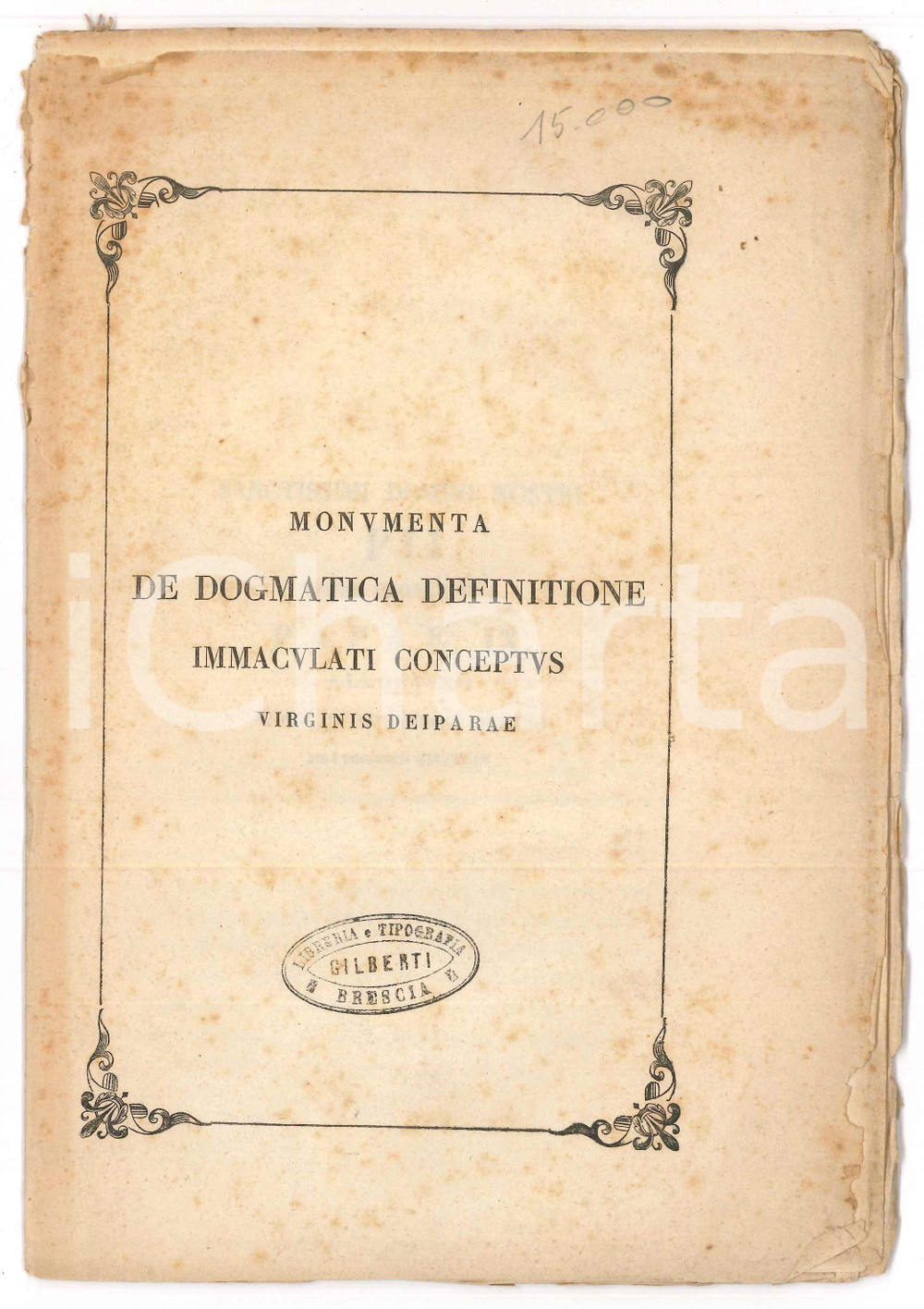 1865 Monumenta de dogmatica definitione Immaculati Conceptus Virginis Deiparae Rara pubblicazione, originale d'epoca, contenente il testo dell'allocuzione di papa Pio IX del 1° dicembre 1854 sul tema dell'Immacolata Concezione della Vergine (il dogma fu proclamato pochi giorni dopo, l'8 dicembre).PAGINE: 27EDITORE: Civiltà Cattolica VERY POOR/gravemente danneggiato fascicolo completamente distaccato dalla copertina (presente e che reca gualciture marginali); fioriture Formato: 17x23 cm originale e autentica 1