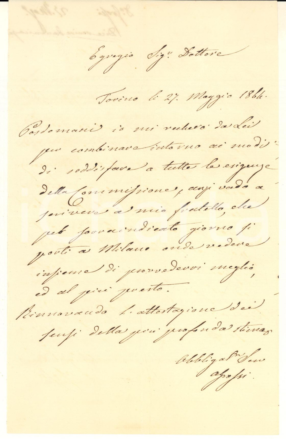 1864 TORINO On. Angelo GROSSI - Appuntamento per esigenze Commissione *Autografo Lettera interamente autografa, originale d'epoca, del politico e patriota Angelo Grossi, che fu anche sindaco di Senna Lodigiana.La lettera fa riferimento al lavoro per le esigenze di una Commissione.Timbro a secco della Camera dei Deputati all'angolo superiore sinistro.PAGINE: 1 FAIR/discreto piegature d'epoca Formato: 14x22 cm originale e autentica 1