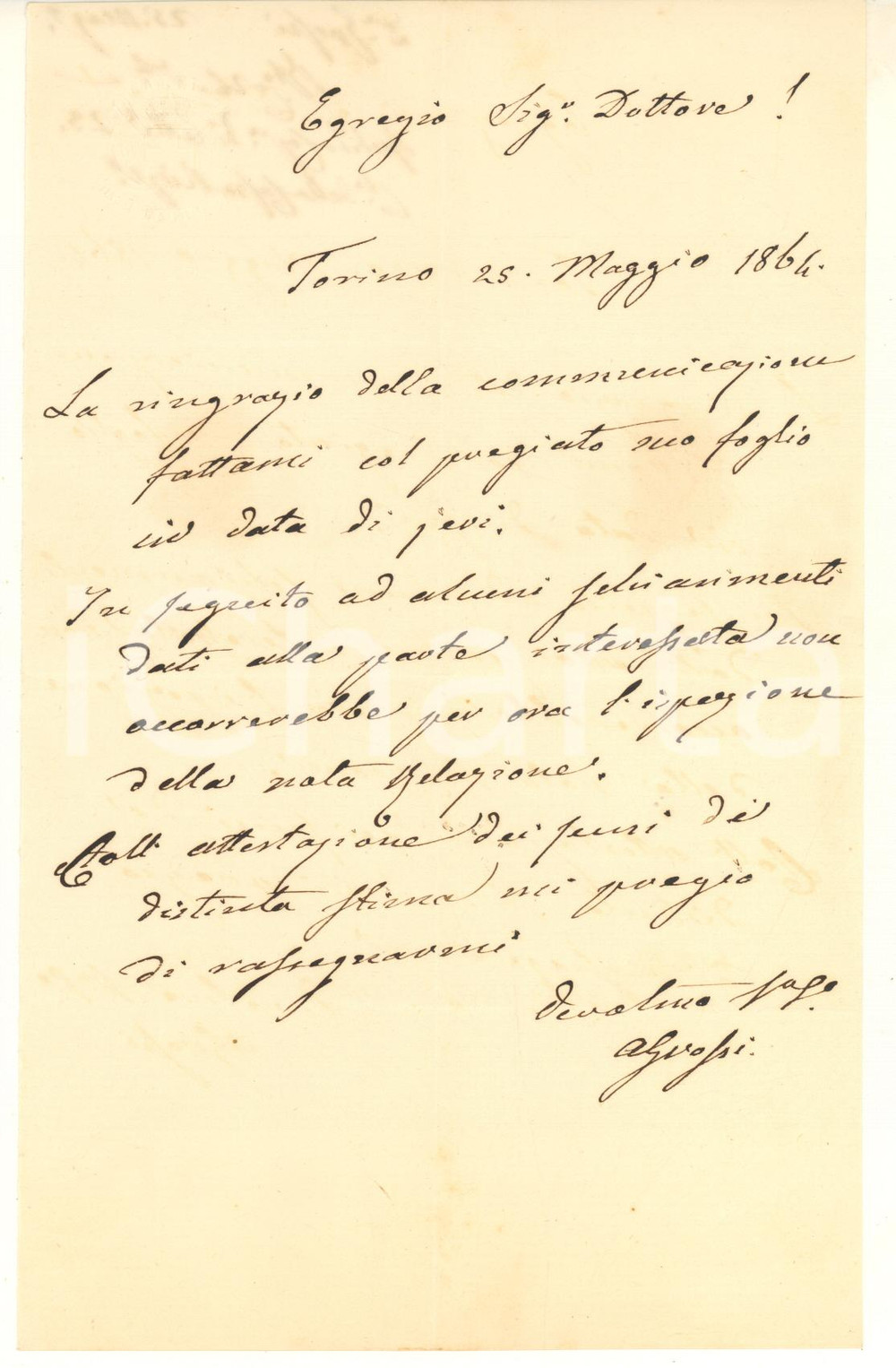 1864 TORINO On. Angelo GROSSI - Lettera per ispezione *Autografo Lettera interamente autografa, originale d'epoca, del politico e patriota Angelo Grossi, che fu anche sindaco di Senna Lodigiana.La lettera fa riferimento all'analisi di una relazione.Timbro a secco della Camera dei Deputati all'angolo superiore sinistro.PAGINE: 1 FAIR/discreto piegature d'epoca Formato: 14x22 cm originale e autentica 1