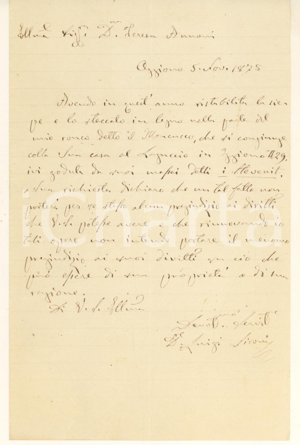 1875 OGGIONO (LC) Lettera Luigi SIRONI - Siepe e steccato al MONCUCCO *Autografo Lettera interamente autografa, originale d'epoca, di Luigi Sironi, che scrive alla proprietaria di un fondo confinante al suo ("detto il Moncucco") per certificare che le opere eseguite al confine non sono in pregiudizio della sua proprietà.PAGINE: 4 (1 scritta) FAIR/discreto piegature d'epoca Formato: 14x22 cm originale e autentica 1