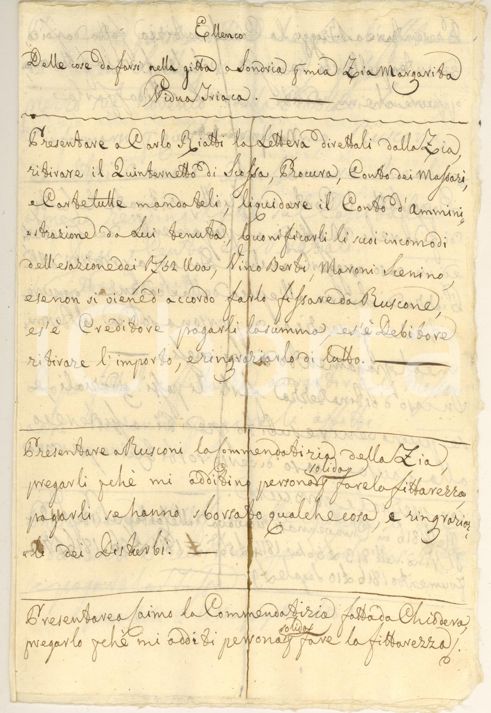1830 ca CHIAVENNA Cose da farsi nella gita a Sondrio per zia Margherita TRIACA Documento manoscritto, originale d'epoca, redatto da Cristoforo Triaca, nipote di Margherita, vedova Triaca. Si tratta di un elenco di commissioni di natura amministrativa da svolgersi per conto della zia, che mostra attività e interessi della famiglia Triaca in quel periodo.PAGINE: 4 + copertina in carta bianca CONDIZIONI:FAIR/discreto piegature d'epocaFORMATO: 19x29 cm originale e autentica 1