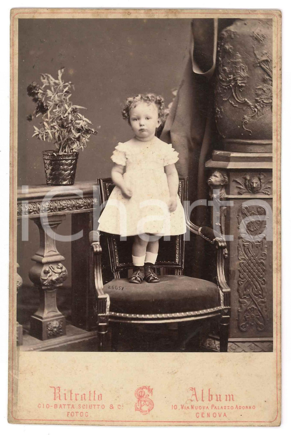 1871 GENOVA Ritratto di bambina con vaso di fiori - Foto G. B. SCIUTTO (4)  Fotografia d'epoca.FOTOGRAFO: G. B. Sciutto - Genova POOR/danneggiato macchie Formato: 10x16 cm originale e autentica 1