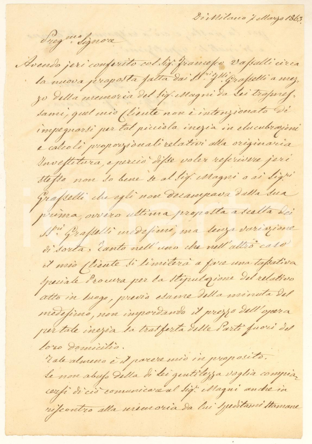 1863 MILANO Lettera avv. Francesco TRIACA - Procura per un cliente *Autografo Lettera autografa dell'avvocato Francesco Triaca, relativa alla proposta di gestire un atto per procura.PAGINE: 1 (2 facciate scritte) FAIR/discreto piegature d'epoca Formato: 12x20 cm originale e autentica 1