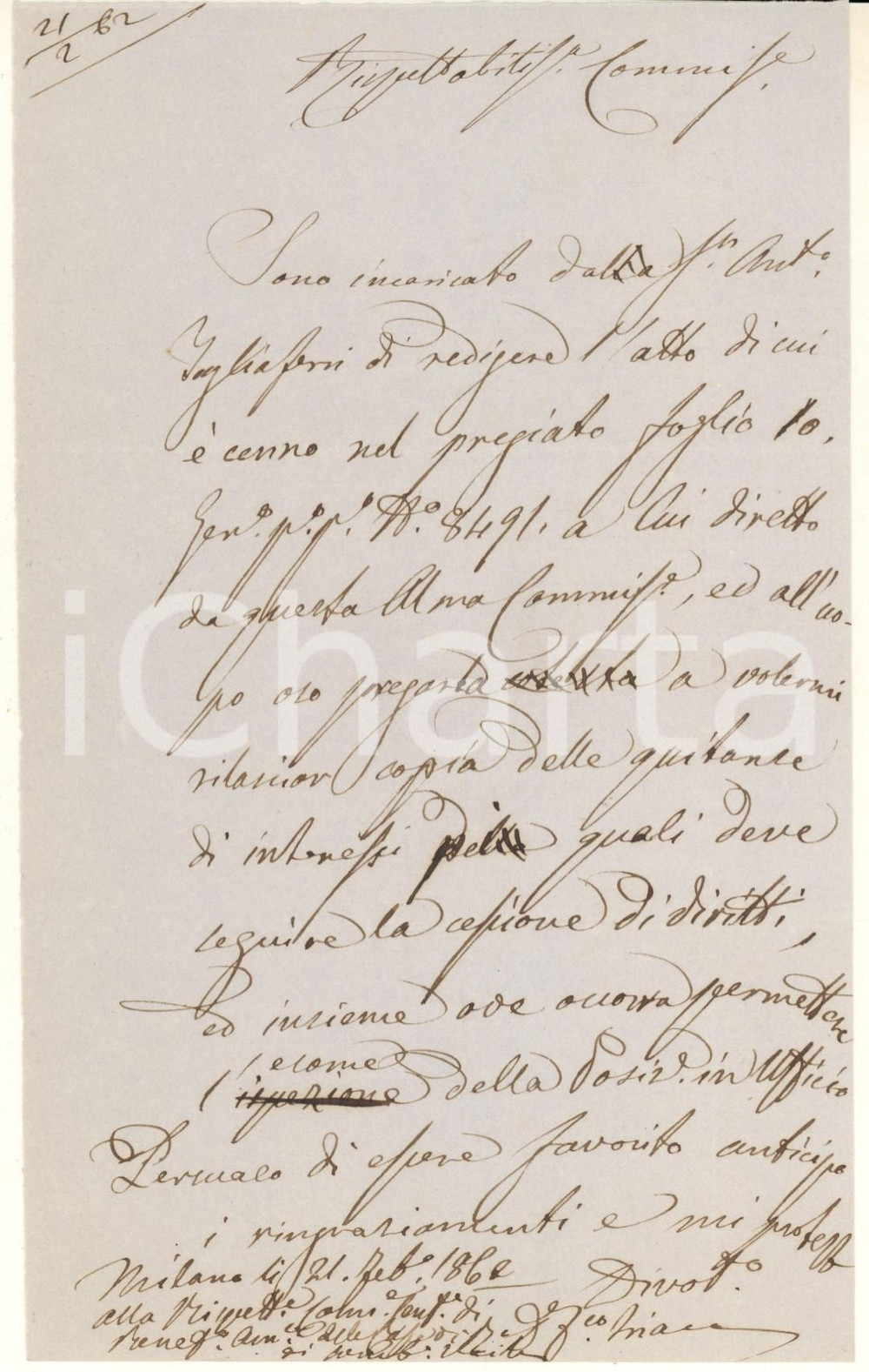 1862 MILANO Lettera avv. Francesco TRIACA - Quietanze per un atto *Autografo Lettera autografa dell'avvocato Francesco Triaca.PAGINE: 1  FAIR/discreto piegature d'epoca Formato: 12x20 cm originale e autentica 1