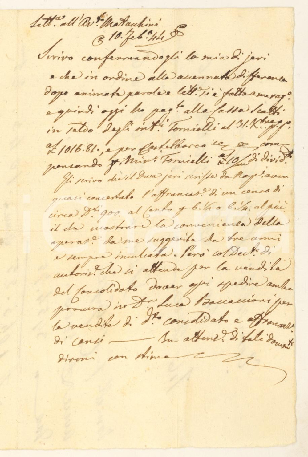 1844 MILANO Lettera avv. Francesco TRIACA - Affrancatura di censi *Autografo Lettera autografa dell'avvocato Francesco Triaca, relativa a questioni legali.Redatta in forma di bozza, priva della firma.PAGINE: 4 (1 scritta) FAIR/discreto piegature d'epoca Formato: 12x20 cm originale e autentica 1