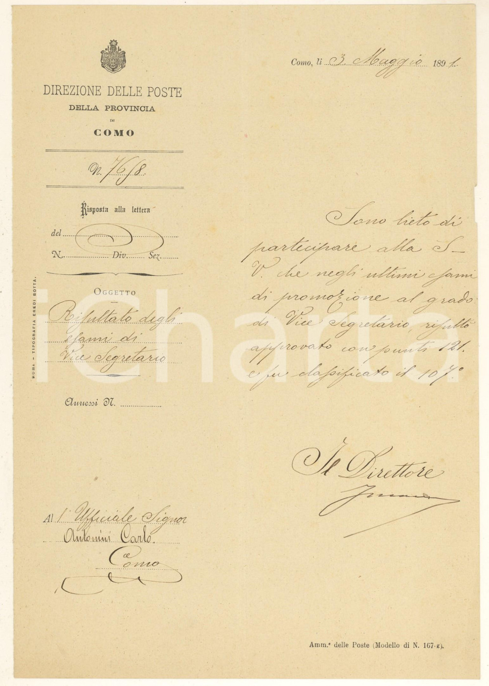 Documento originale, autentico 1891 COMO Direzione POSTE  Promozione ufficiale Carlo ANTONINI a vicesegretario 1