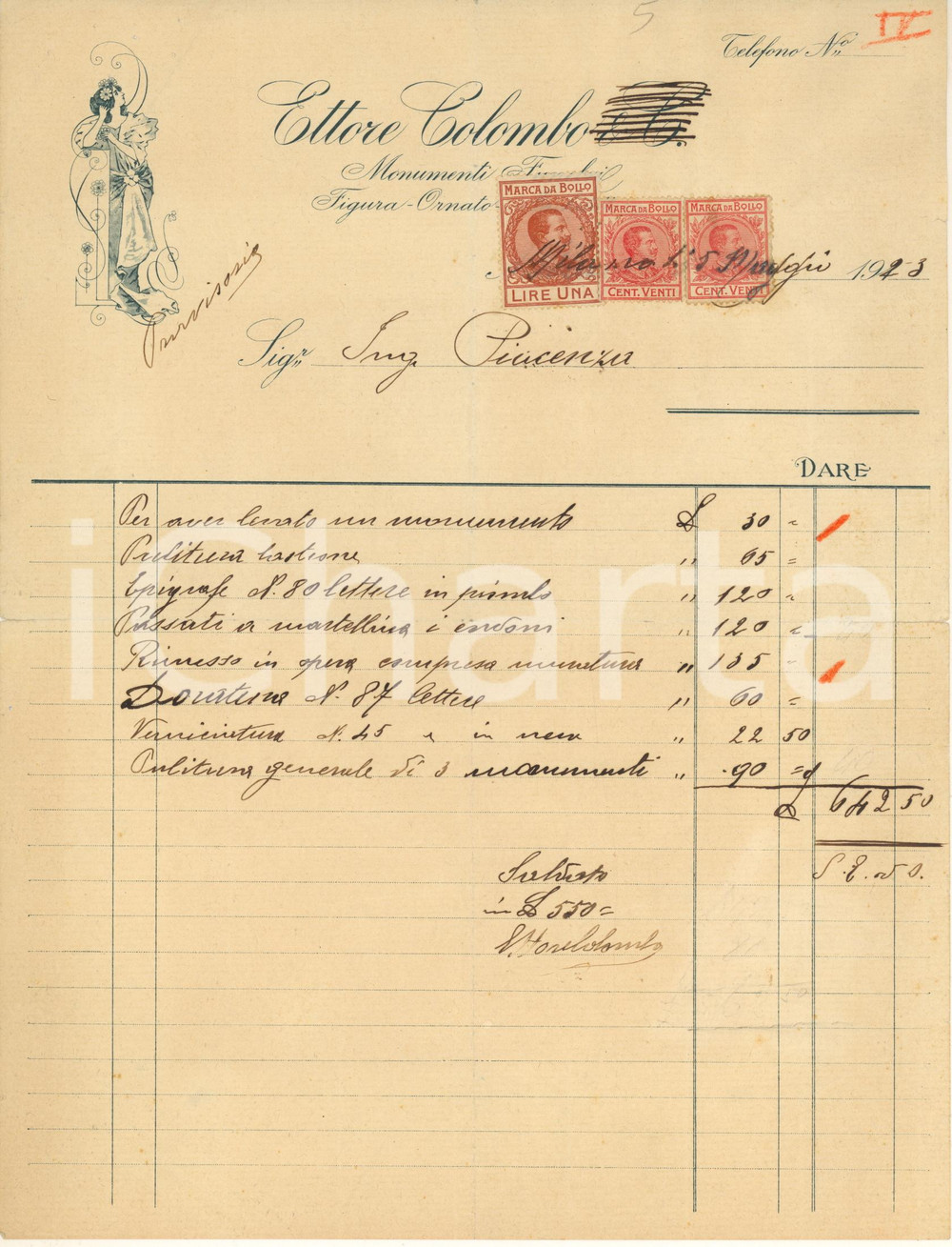 1923 MILANO Ettore COLOMBO - Monumenti funebri, figura, ornato - Fattura Fattura manoscritta, su carta intestata illustrata.PAGINE: 1 FAIR/discreto piegature d'epoca; piccoli strappi marginali Formato: 21x27 cm originale e autentica 1
