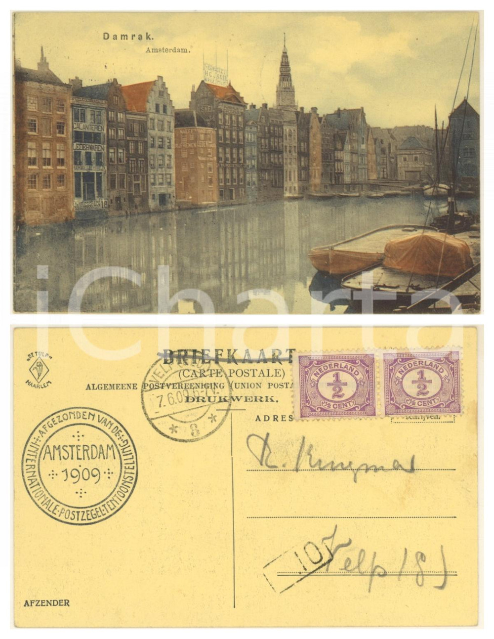 Cartolina originale da collezione 1909 AMSTERDAM  Damrak  Postcard International Stamp Exhibition 1