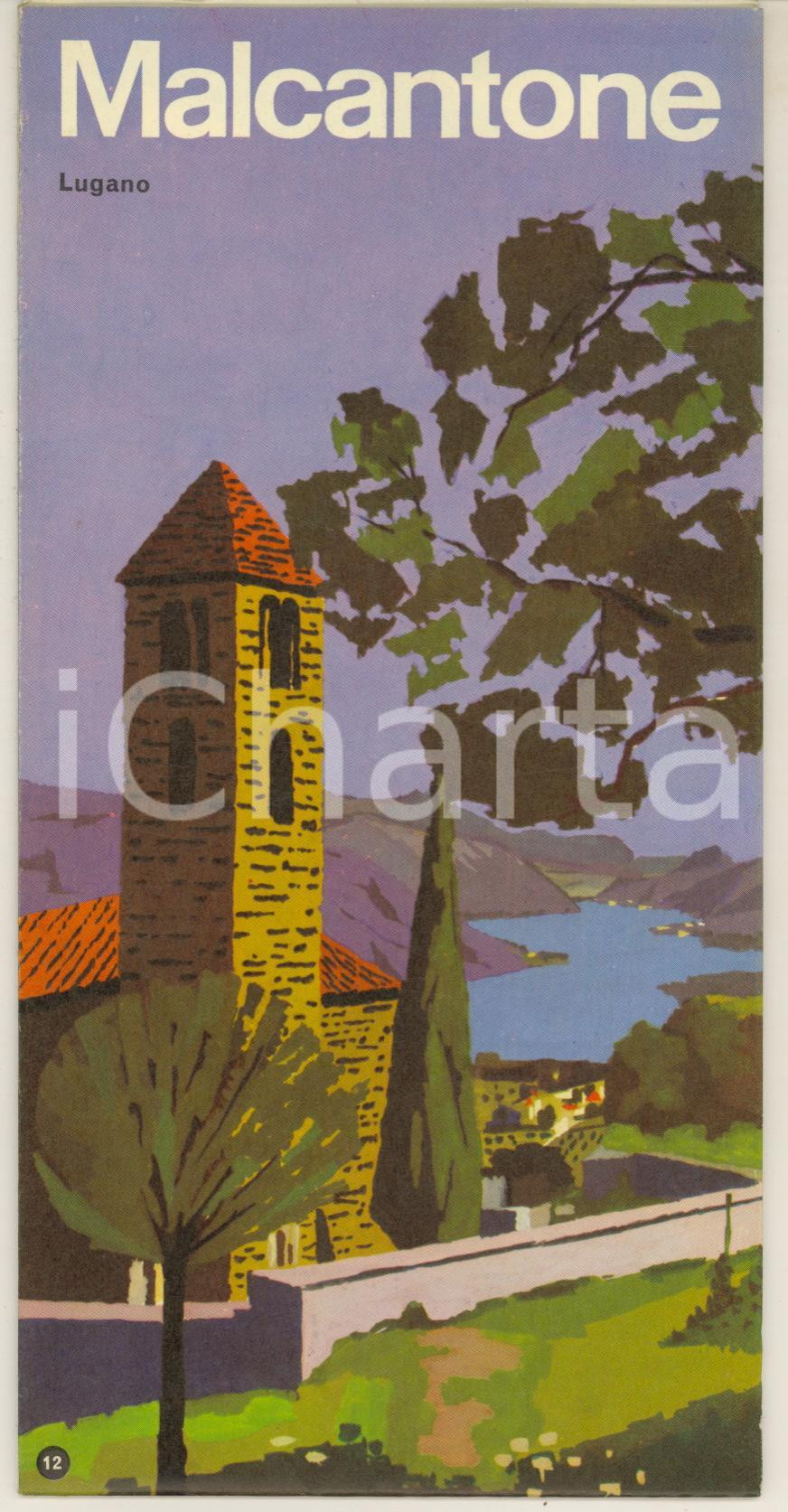 Materiale pubblicitario d’epoca 1955 ca LUGANO MALCANTONE Pieghevole ILLUSTRATO con mappa FRANCAIS DEUTSCH 1