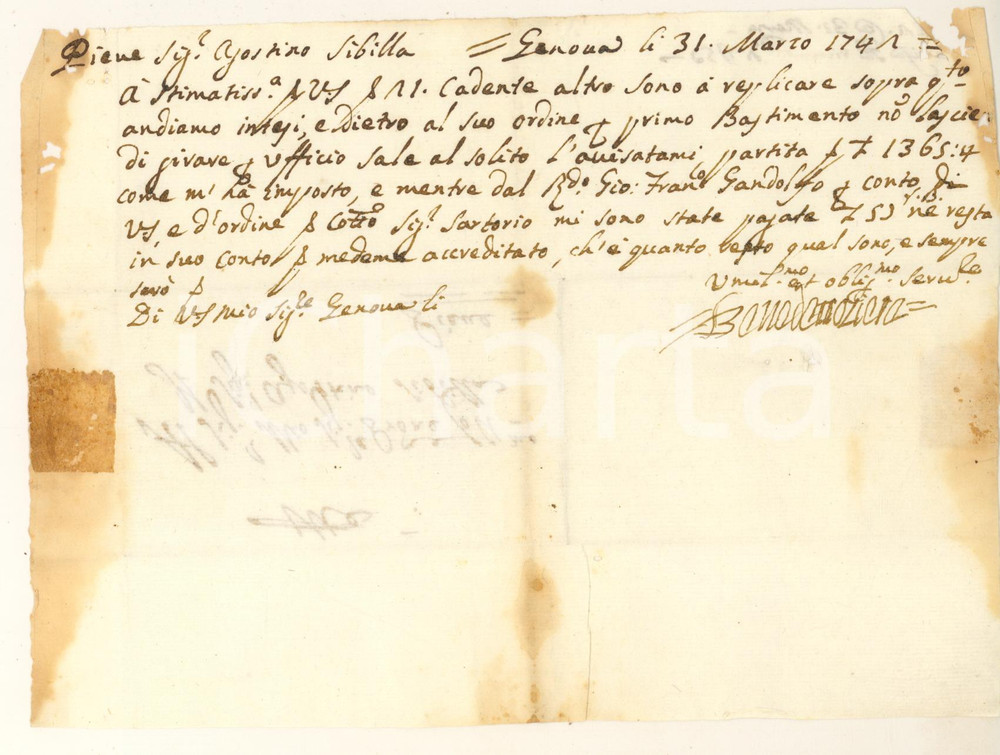 Manoscritto, lettera originale 1742 GENOVA Benedetto GIERA ordina bastimento per Agostino SIBILLA 1