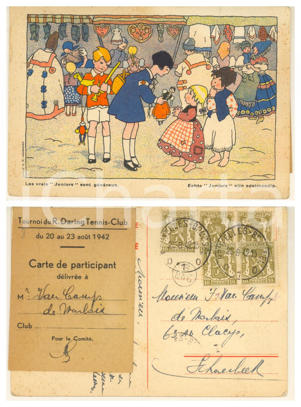 1942 CROIX ROUGE BELGIQUE Juniors généreux *Postcard Tournoi DARING Tennis Club Cartolina postale, originale d'epoca, che reca al verso un biglietto da partecipante al torneo del "R. Daring Tennis - Club". Viaggiata. FAIR/discreto smussature angolari; piccole fioriture Formato: 15x10 cm originale e autentica 1