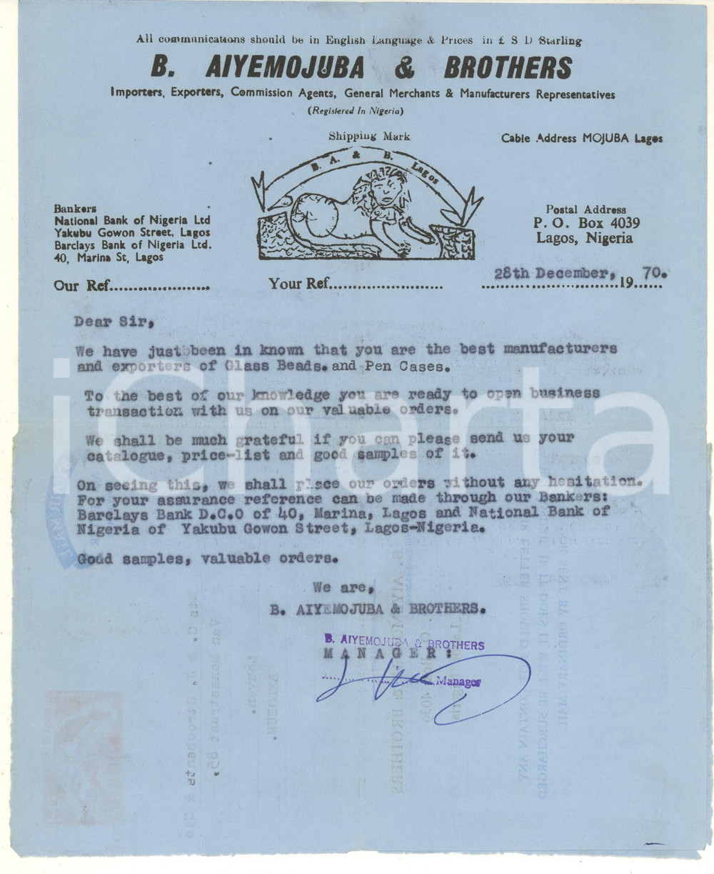 1970 LAGOS (NIGERIA) B. AIYEMOJUBA & Brothers - Lettera commerciale *AIR MAIL Lettera dattiloscritta, originale d'epoca, viaggiata. FAIR/discreto piegature d'epoca Formato: 15x10 cm originale e autentica 1