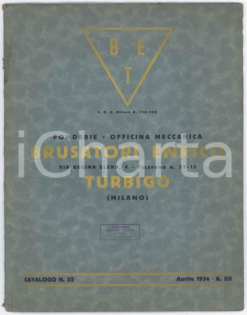 1934 TURBIGO Fonderie - Officina meccanica BET Enrico BRUSATORI Catalogo n. 32 Catalogo illustrato d'epoca.PAGINE: 48 POOR/danneggiato Parziale distacco della legatura dal dorso, piegatura centrale d'epoca, aloni e macchie in copertina Formato: 23x30 cm originale e autentica 1