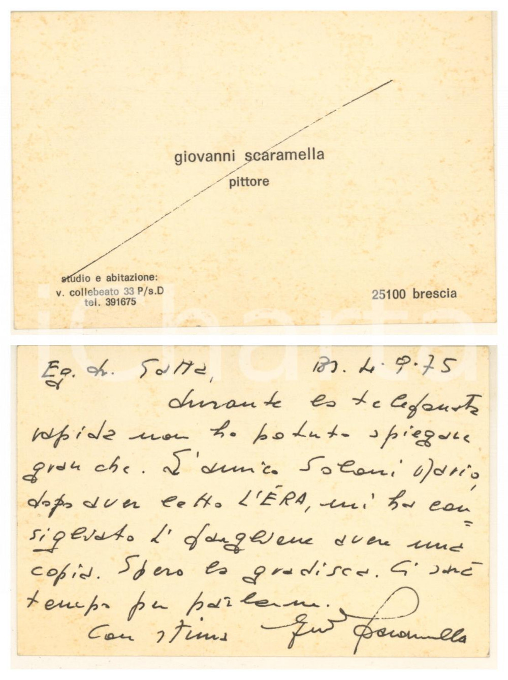 1975 BRESCIA Giovanni SCARAMELLA pittore e poeta *Biglietto AUTOGRAFO Biglietto da visita originale, con messaggio autografo di Giovanni Scaramella. GOOD/buono   originale e autentica 1