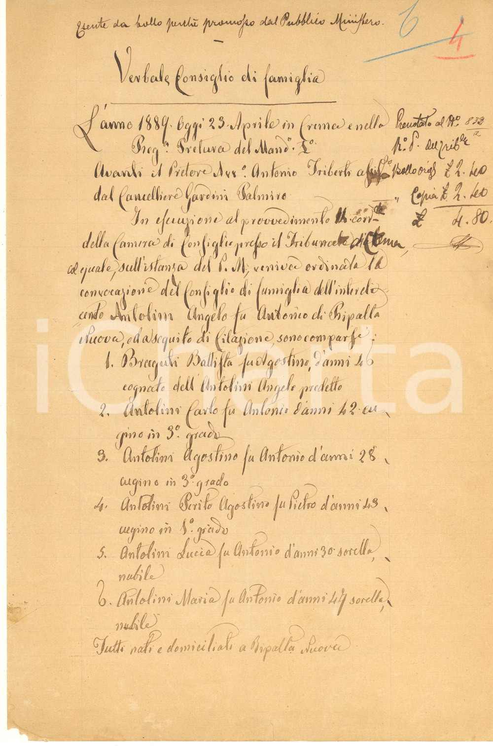 1889 CREMA Verbale Consiglio di famiglia - Interdizione di Angelo ANTOLINI Documento manoscritto, originale d'epoca, contenente il verbale di un consiglio di famiglia che richiedeva l'interdizione di un parente, a causa della malattia mentale che lo affliggeva.PAGINE: 4 (3 scritte) FAIR/discreto lievi piegature d'epoca; piccola mancanza angolare; minimi fori al lato sinistro Formato: 21x31 cm originale e autentica 1